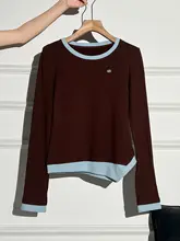 長袖カラーブロックデザインの女性用ワイドパンツ【カフェ色・秋冬用】（セットアップ対応）