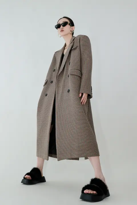 BYLU レトロチェック柄ロングジャケット【女性用・ルーズフィット・厚手】