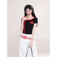 斜めショルダーのTシャツ【レタープリント・ストライプ・短袖・夏用・スタイリッシュ】