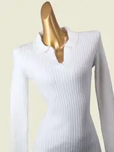 秋季シンプルポロ襟フィット＆ウエストシェイプニットワンピース【肘下袖・ストライプデザイン】（セットアップ対応）