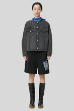 ラウンドネックのヴィンテージデニムジャケット【ウォッシュ加工・散らばりデザイン・女性用】（セットアップ対応）