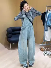 デザイン性のある復古風デニムオーバーオール【女性用・ゆったりサイズ・ワイドレッグ】（セットアップ対応）