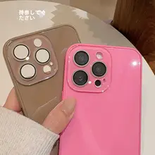 シンプルなカラーのレンズ保護フィルム付きガラスケース【iPhone対応・抗衝撃・全包囲タイプ】