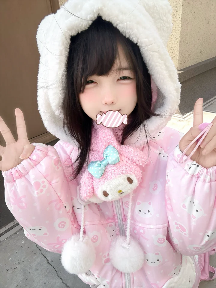 可愛い猫柄のロリータ風フード付き暖かコート【ピンク・女性用】