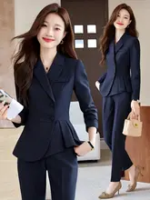上品なデザインの職業用ダークブルースーツ【女性用・ビジネス・美容関連・ホテルフロント対応】（セットアップ対応）