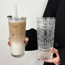 大容量 蓋付きストローグラスカップ【おしゃれな家庭用・オフィス用・コーヒー・アイスラテにも最適】