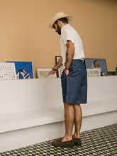 リネンデニム風ワイドタックショートパンツ【ビンテージスタイル・ゆったりフィット】