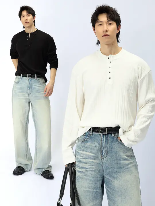 高級ボタン付きヘンリーネック 長袖Tシャツ【極上の柔らかさ・シンプルデザイン・春夏用】