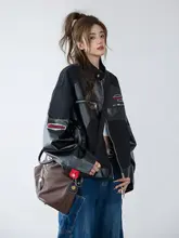 アメリカンヴィンテージ風 合皮デニムジャケット【秋冬用・ショート丈・バイカースタイル】