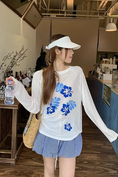 花柄プリント ロングスリーブ Tシャツ【フィット・UVカット・ラウンドネック】