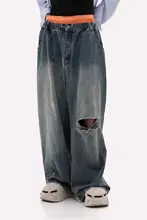 GIBBYCNA ストレッチウエスト デストロイデニムパンツ【ユニセックス・ワイドレッグ・ロング】