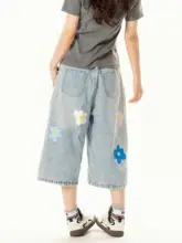 デニムクロップドパンツ レディース 花柄 アメリカン ヴィンテージ ルーズ カジュアル 着回し 夏