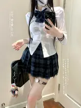 白衬シャツ【長袖・収腰・女性用】とチェックショートスカート【ドッグ柄・セミフレア】（セットア  ップ対応）