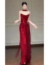 洗練されたデザイン！レッドマーメイドドレス【ビジュー刺繍・トランスパレント・ウエディング・多用途】（セットアップ対応）