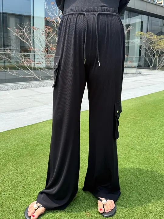 夏用薄手ニットパンツ【大きいサイズ・高ウエスト・ストレート】（セットアップ対応）