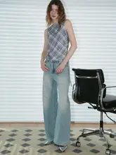 アイスブルーのストレートデニムワイドパンツ【高支綿・ヴィンテージウォッシュ・ノー打孔】