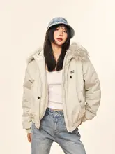 ヴィンテージ風 フード付きダウンジャケット【女性用・厚手・ショート丈・毛皮襟付き】