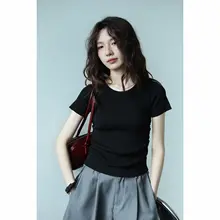 ストライプニットポロ衿ラウンドネックTシャツ【女性用・ショートスリーブ・体型カバー・夏用】