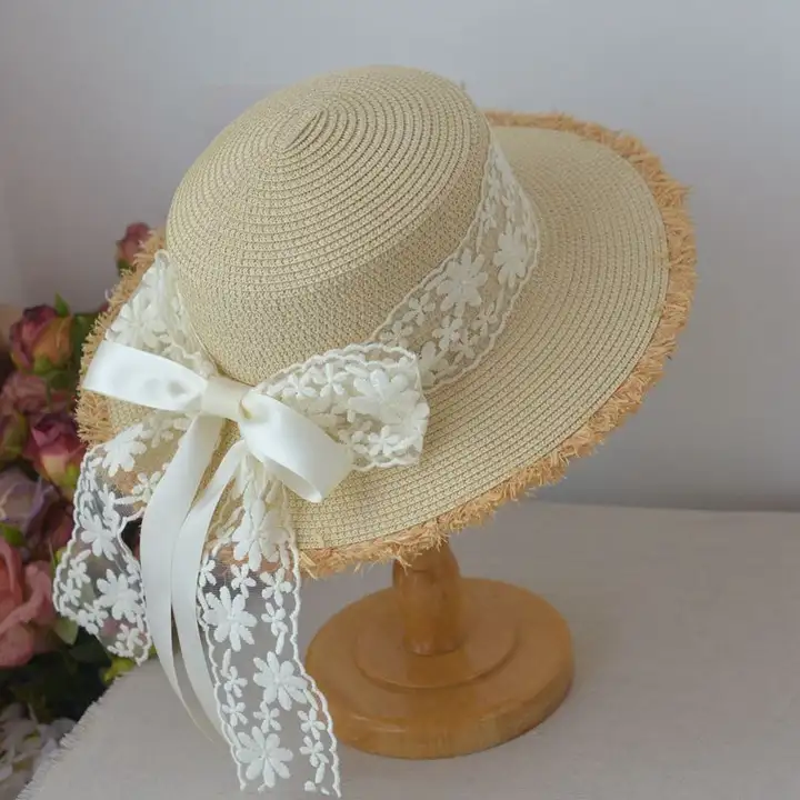 フラットトップレディースハット【レースリボン付き・日除け・春夏用・草帽】