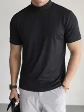 極上の柔らかさのアイスシルク生地短袖ハイネックTシャツ【メンズ・抗シワ・高弾力】