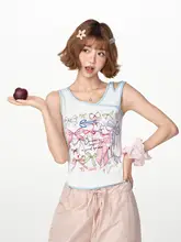 レトロなリボンプリントノースリーブTシャツ【デザイン性抜群・夏用・コントラストカラー】