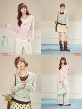 甘美なピンクバイカラーデザインのラウンドネック長袖Tシャツ【女性用・春にぴったり・スリムフィット】（セットアップ対応）