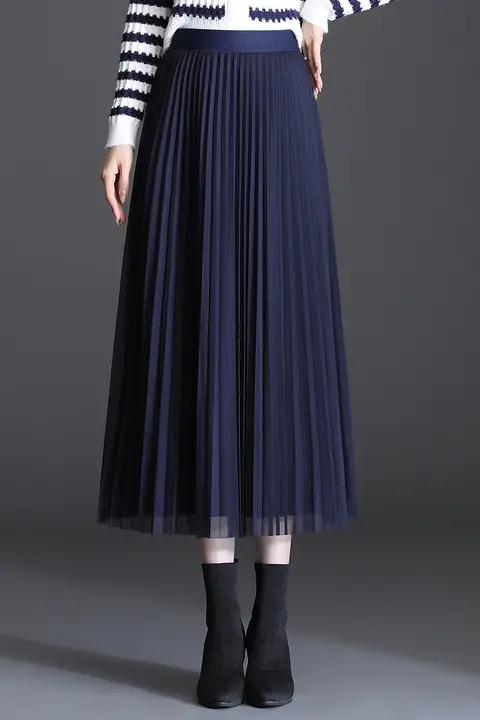 春季用ウール製 膝丈スカート【ロイヤルブルー・リバーシブル・女性用・ウエストゴム】