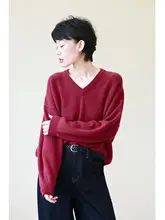 全山羊绒 Vネックニットセーター【厚手・パープル・レディース・バルーンシルエット】