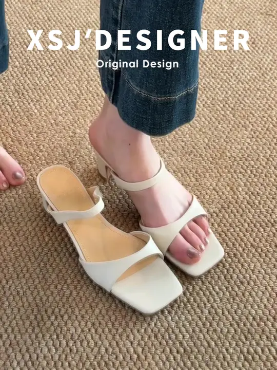 羊皮製のフレンチスタイル角型ヒールサンダル【シンプルデザイン・夏用・高めのヒール】