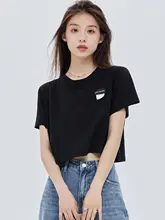 シンプル無地 ラウンドネック cropped Tシャツ【ブラック・コットン・短袖】