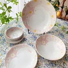 陶器製 ピンク花うさぎ ディナーセット【家庭用・浅皿・カレー皿対応】