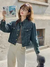 秋のレトロブルーデニムジャケット【女性用・ルーズフィット・通勤・ショート丈・スタンドカラー】