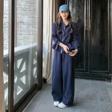 深青色カジュアルスウェットシャツ【秋春・アカデミックスタイル・二点】
（セットアップ対応）