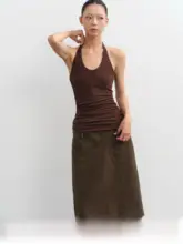 タンクトップ レディース ホルターネック 無地 タイト ギャザー 着痩せ デザイン性 トップス 「LINY LIBERTY」