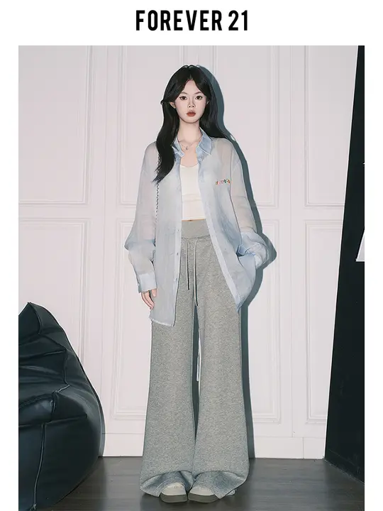 グレー ワイドレッグカジュアルパンツ【高腰・ストレートシルエット】（セットアップ対応）