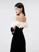 黒のスリットドレス【オフショルダー・ウエストマーク・ミディ丈】