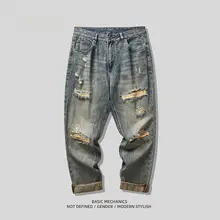 デニムパンツ メンズ ストレート ルーズ ダメージ加工 ウォッシュ加工 アメカジ ヴィンテージ ストリート マッドカラー 秋 大きいサイズ