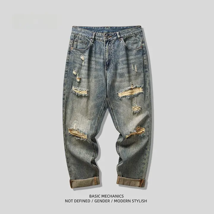デニムパンツ メンズ ストレート ルーズ ダメージ加工 ウォッシュ加工 アメカジ ヴィンテージ ストリート マッドカラー 秋 大きいサイズ