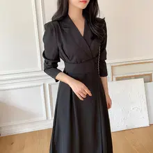 春の気品を演出！長袖のテーラードワンピース【無地・カシュクール・膝下丈・ウエストリボン】