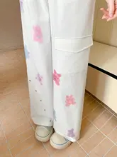 かわいいクマデザインのホワイトワイドパンツ【フィット・夏用】（セットアップ対応）