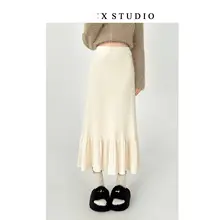 ニット素材のロングスカート【秋冬用・大きいサイズ・ベージュ・ゆったりしたシルエット】（セットアップ対応）