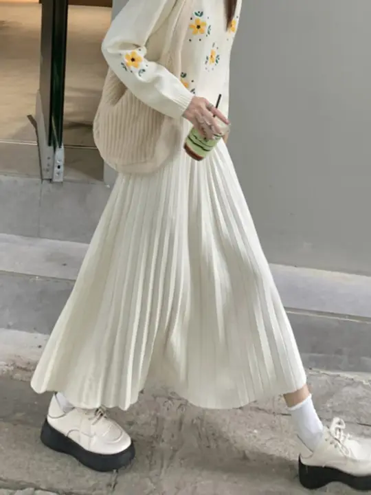 秋冬用 ニット素材のプリーツスカート【ゆったりフィット・Aライン・中長丈】