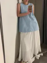 シック 背中開きデザインのブルーシャツ【夏用・ノースリーブ・ルーズフィット】（セットアップ対応）