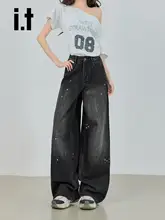 レトロなペイントデザインのワイドレッグデニムパンツ【ハイウエスト・ゆったりシルエット・ストレート】