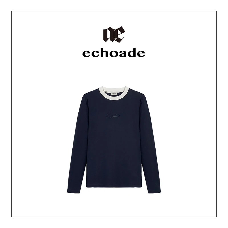 春の重ね着に最適！コントラストカラーのラウンドネック長袖Tシャツ
