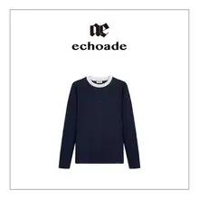 春の重ね着に最適！コントラストカラーのラウンドネック長袖Tシャツ