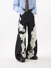 デザイン性のあるパッチワークフリースデニムパンツ【秋用・男女兼用・ワイドレッグ】