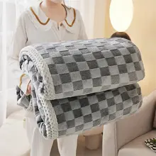 ヴィンテージチェック柄のウサギ毛フリースブランケット【厚手・冬用・オフィス昼寝・ソファカバー・コーラル フリース】