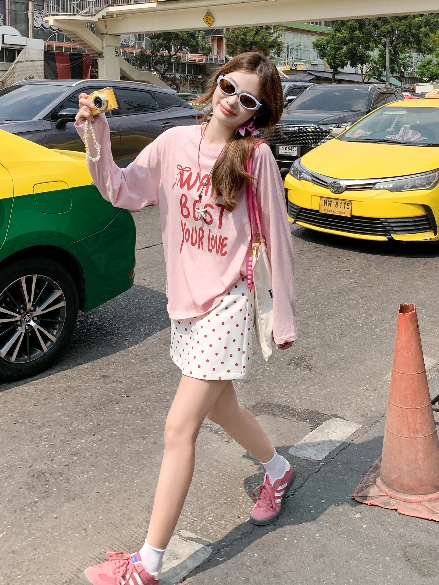 韓国風ピンク長袖Tシャツ【夏用・ゆったりデザイン・薄手・チュニック型】（セットアップ対応）