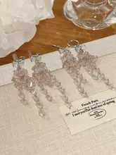 無耳孔用ピンク水晶ロングフリンジイヤリング【高級感あるデザイン・リゾートスタイル】